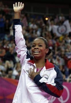 U.S. gymnast Gabrielle Douglas acknowledges the audience after being declared winner of the gold medal U.S. gymnast Gabrielle Douglas acknowledges the audience after being declared winner of the gold medal