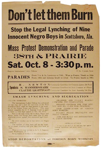 International Labor Defense leaflet announcing demonstration, parade, and rally in Chicago for the Scottsboro Boys.
