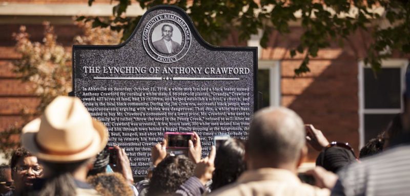 The plaque, dedicated October 24, 2016, commemorating lynching victim Anthony Crawford, in Abbeville, South Carolina.
