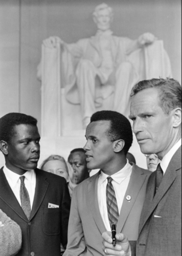 Belafonte (center) at the 1963 Civil Rights March on Washington, D.C with Sidney Poitier (left) and Charlton Heston