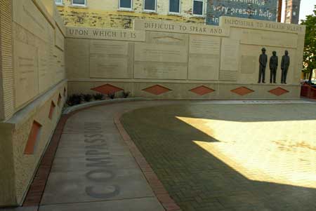 The Clayton Jackson McGhie Memorial in Duluth, Minnesota, honors the victims of a lynching there in 1920.