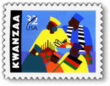The first U.S. postage stamp commemorating Kwanzaa, issued in 1997. Artwork by Synthia Saint James.