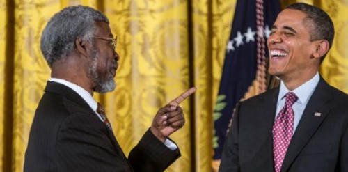 Dr. Sylvester James Gates Jr. and President Barack Obama share a laugh at the awards ceremony. (Getty Images)