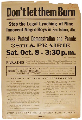 International Labor Defense leaflet announcing demonstration, parade, and rally in  Chicago for the Scottsboro Boys.
