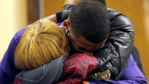 Ma'lik Richmond, 16, top, hugs his mother Daphne Birden, after closing arguments were made on the fourth day of the juvenile trial he and co-defendant Trent Mays, 17, on rape charges in juvenile court on Saturday, March 16, 2013 in Steubenville, Ohio. Mays and Richmond are accused of raping a 16-year-old West Virginia girl in August, 2012. Judge Thomas Lipps said he would render a decision on Sunday morning, March 17. (AP Photo/Keith Srakocic, Pool)