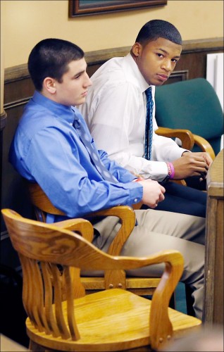 Trent Mays, 17, left, and co-defendant Malik Richmond, 16, sit in court before the start of the third day of their trial on rape charges at the Jefferson County Justice Center in Steubenville, Ohio, on Friday. ASSOCIATED PRESS