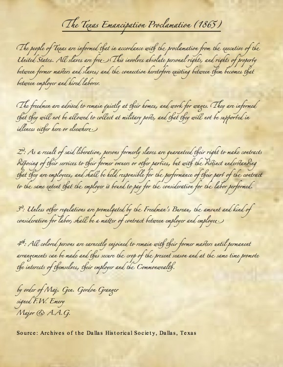 By order of General Granger, freed slaves were told to remain quietly at their "homes." "All colored persons are earnestly enjoined to remain with their former masters until permanent arrangements can be made and thus secure the crop of the present season and at the same time promote the interests of themselves, their employer and the Commonwealth."