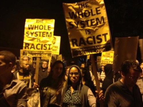 Peta Lindsay posted this image from the scene in San Francisco shortly after the no-guilty verdict was read. "When I heard the verdict, I cried. Then I asked myself- but what am I going to do? What do you do when the whole system is racist, when the cops, the court, the media tells you that your life and the life of any child that looks like you can be taken without consequence?...[T]he answer – you fight back."