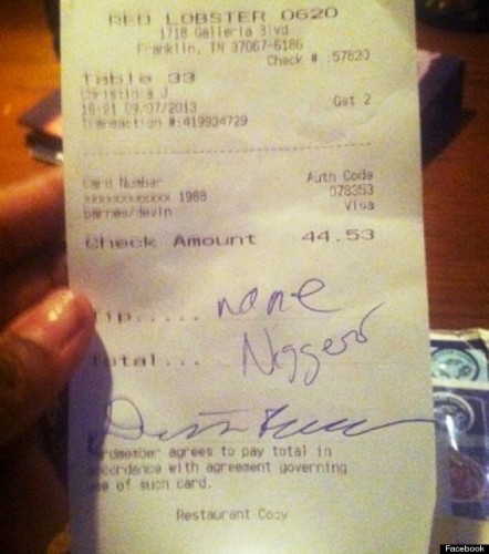 An image of the receipt with a racist remark