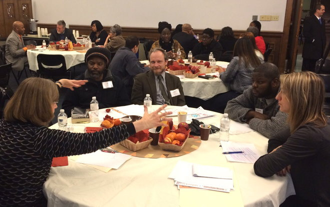 100th Bday tables MJS Causey Jan Buchler, who recently retired as the director of a community-based organization, served as a facilitator of one of the diverse dialog groups at the 100th Birthday Celebration for Dr. James Cameron: A Gathering for Racial Repair and Reconciliation. (James Causey, Milwaukee Journal Sentinel)