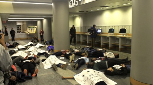 A student "die-in" protest held at Dartmouth University's Baker-Berry Library on Jan. 16