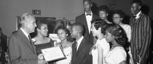 The first black students to attend Central High School in Little Rock, AK receive awards on June 12, 1958.