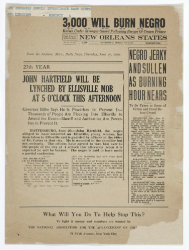 NAACP flyer showing that John Hartfield's lynching was planned ahead.