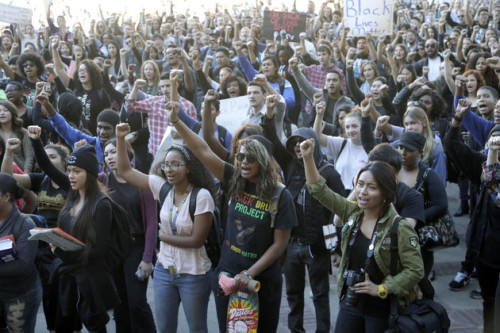 University California Los Angeles students stage a protest rally in a show of solidarity with protesters at the University of Missouri. (AP Photo/Nick Ut)
