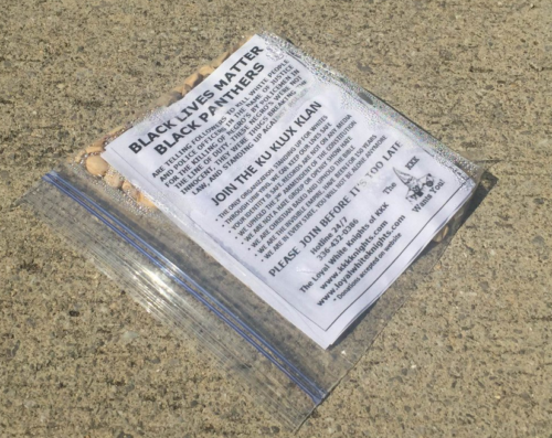 KKK fliers left in Madison Alabama, neighborhood solicit votes for Trump. Photo by Christina Ailsworth in her tweet.