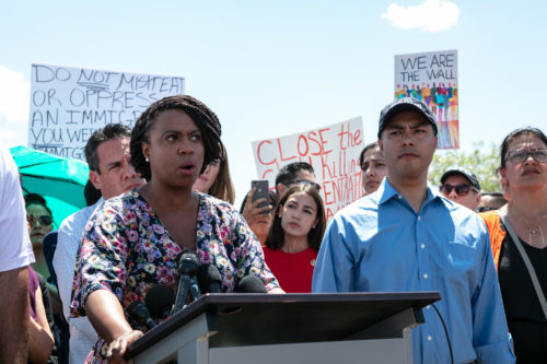 CLINT, TX - JULY 01: Rep.  Ayanna Pressley (D-MA) addresses the media after touring the Clint, TX Border Patrol Facility housing  children on July 1, 2019 in Clint, Texas. Reports of inhumane conditions have plagued the facility where migrant children are being held. (Photo by Christ Chavez/Getty Images)
