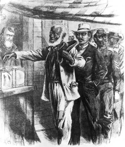 An 1867 illustration from Harper’s Weekly of African-American men voting in a state election in the South. Credit Hulton Archive/Getty Images