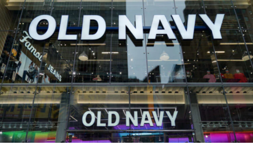 Signage for an Old Navy store stands at the entrance to a store in Times Square, March 1, 2019 in New York City. (Photo by Drew Angerer/Getty Images)