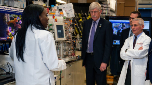 Dr. Kizzmekia Corbett, left, senior research fellow and scientific lead for coronavirus vaccines and immunopathogenesis team in the Viral Pathogenesis Laboratory, talks with President Donald Trump (not pictured) as he tours the Viral Pathogenesis Laboratory at the National Institutes of Health in Bethesda, Md.
Photo: Evan Vucci (AP)