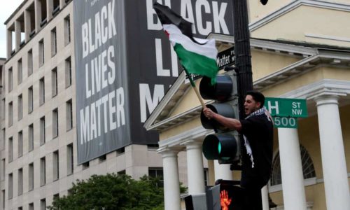 3500 Pro-Palestinian demonstrators take part in a protest titled ‘Stop Jerusalem Expulsions, save Sheikh Jarrah’ outside of the White House in Black Lives Matter Plaza in Washington last month. Photograph: Leah Millis/Reuters