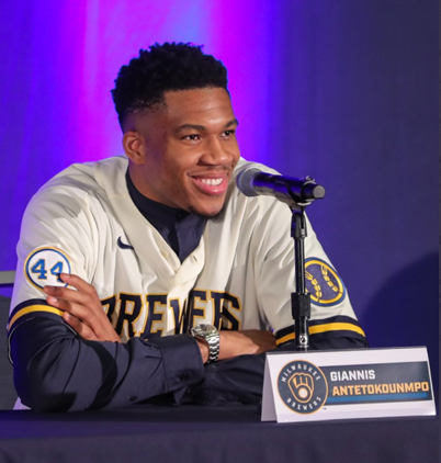 Giannis Antetokounmpo at the Milwaukee Brewers Media Event. Photo credit: Giannis Antetokounmpo Twitter page
