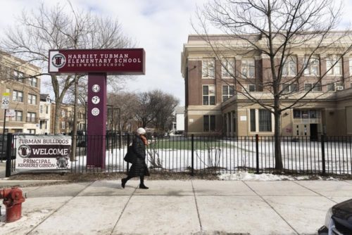 The new sign at Harriet Tubman Elementary School is displayed in Chicago, Monday, Feb. 14, 2022. (Anthony Vazquez/Chicago Sun-Times via AP)