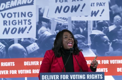 Rep. Terri Sewell, D-Ala., at a news conference after the Peace Walk to celebrate Martin Luther King Jr. Day in Washington on Jan. 17. (Jose Luis Magana / AP)