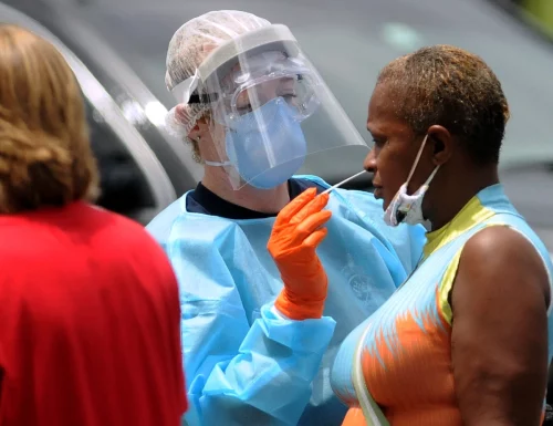 A woman is tested for COVID-19 at a testing site on July 22, 2020 in Orlando, Florida. (Photo by Paul Hennessy/NurPhoto via Getty Images)