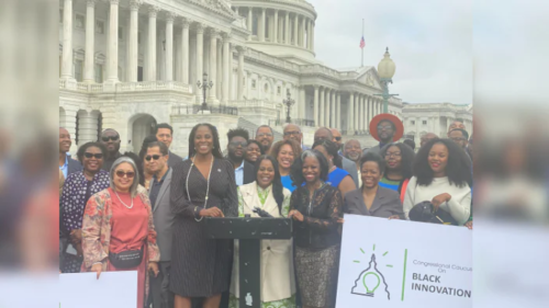 Members of the Black Alliance Coalition and others gather with Congresswoman Stacey Plaskett outside the Capitol for the launch of the Congressional Caucus on Black Innovation. (Photo: theGrio/Gerren Keith Gaynor)