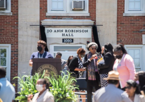 A ceremony marks the renaming of Bibb Graves Hall to Jo Ann Robinson Hall, after the late civil rights leader and educator, at Alabama State University in Montgomery, Alabama, on April 19, 2022. (Jake Crandall/ Advertiser / USA TODAY NETWORK)