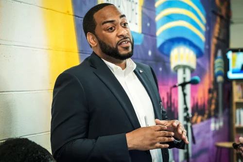 220613-charles-booker-ew-713p-260df1-1 Kentucky Senate candidate Charles Booker speaks at an event for his memoir in April 2022. (Piper Hudspeth Blackburn / AP)