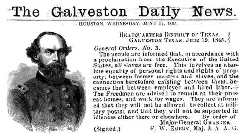 The Galveston Daily News announces that all slaves are freed but encourages them to remain with their slavers for pay (Wikimedia Commons) 