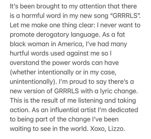 Lizzo posted an apology to social media before re-releasing the song with different lyrics (Lizzo/Instagram)