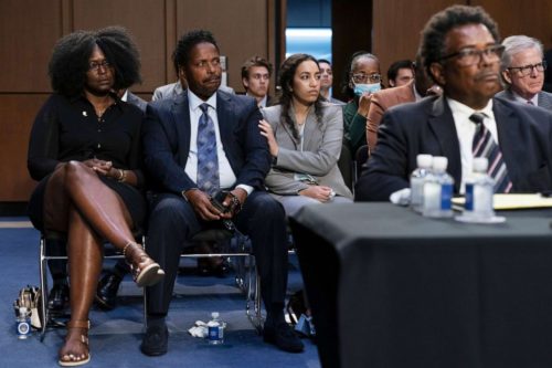 Loved ones of victims of the Buffalo supermarket shooting, including Garnell Whitfield, Jr., whose mother, Ruth Whitfield, was killed in the shooting, during a Senate Judiciary Committee hearing June 7th (Jacquelyn Martin/AP)