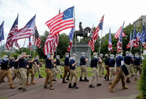 Patriot Front marches in Boston (MediaNews Group/Boston Herald via Getty Images)
