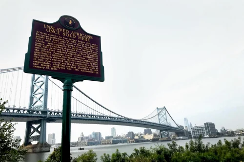 A marker commemorates a site where slaves were bought and sold on the Camden, N.J. (Phaedra Trethan / Courier-Post via USA TODAY Network file)