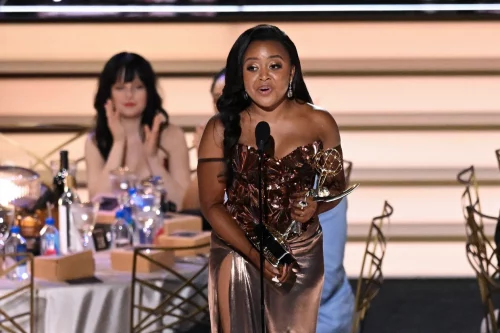 US writer Quinta Brunson accepts the award for Outstanding Writing For A Comedy Series for "Abbott Elementary" during the 74th Emmy Awards. (Patrick T. Fallon / AFP - Getty Images)