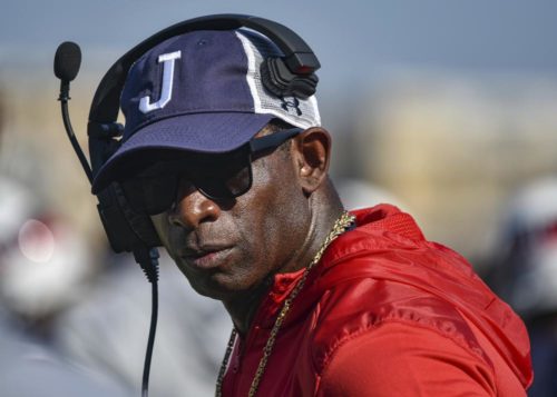 Jackson State head coach Deion Sanders looks on during an NCAA college football game against Mississippi Valley State. (Hannah Mattix/The Clarion-Ledger via AP)