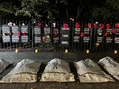 RikersRally-scaled-1 Body bags and names of those who died in DOC custody this year (Tandy Lau)