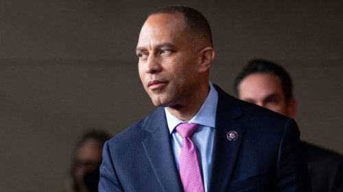 Rep. Hakeem Jeffries arrives to hold a news conference in the US Capitol on November 15, 2022. (Bill Clark/CQ Roll Call/AP)