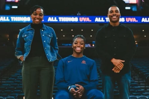 221214-uva-baseketball-Omogun-Davis-McLean-main-mn-1010-e6f216 Solace owners Folasade Omogun-Broadnax and Terence Davis flank University of Virginia basketball star Mir McLean. (Darrius Terrell)