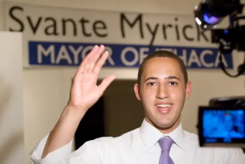 Svante Myrick gives an interview after his Democratic Party primary election victory.