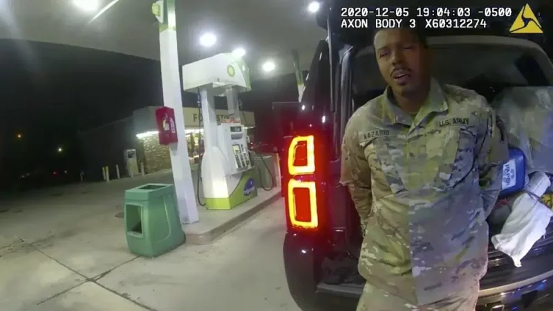 A trial in federal court in Richmond is set to begin Monday, Jan.9, 2023, for the lawsuit filed by the U.S. Army lieutenant, shown in the video, who was pepper sprayed, struck and handcuffed by police during a traffic stop but never arrested.(Windsor Police via AP, File)