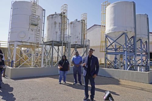 1000 EPA Administrator Michael Regan, right, speaks to reporters at the O.B. Curtis Water Treatment Plant, a Ridgeland, Miss.-based facility near Jackson, Miss., about longstanding water issues that have plagued the city, Nov. 15, 2021. (AP Photo/Rogelio V. Solis, File)