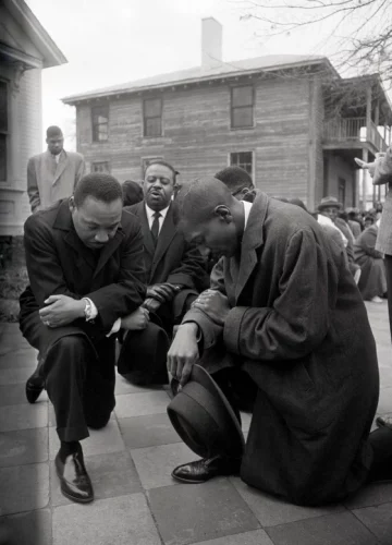 Martin Luther King Jr. kneels in prayer with the Rev. F.D. Reese and others before going to jail in Selma, Ala. They were arrested Feb. 1, 1965, after protesting Alabama's voter registration requirements. After the prayer, they all marched peacefully to jail. (Bettmann Archive)