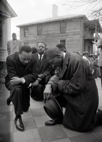 230103-Dr-Martin-Luther-King-Jr-504daf Martin Luther King Jr. kneels in prayer with the Rev. F.D. Reese and others before going to jail in Selma, Ala. They were arrested Feb. 1, 1965, after protesting Alabama's voter registration requirements. After the prayer, they all marched peacefully to jail. (Bettmann Archive)
