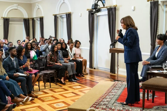 Keisha Lance Bottoms and Vice President Kamala Harris at a news briefing for HBCU student journalists