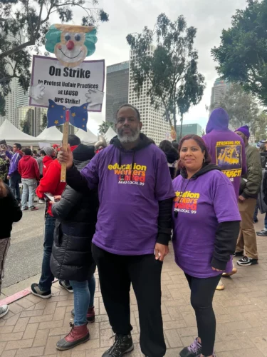 337173347_778842389959167_2218064873583883808_n Striking service employees of LA's Unified School District and their supporters hit the streets (SEIU Local 99/Facebook)