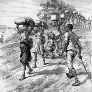 Enslaved Africans chained to each other while forced to do labor