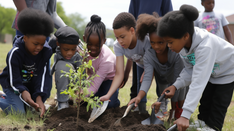 Middle school children planting a tree.